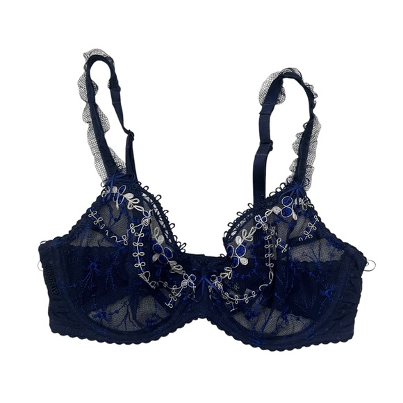 Chantelle Floral Embroidered Unlined Sheer Bra Navy 32C Fairy Romantic‎ Coquette - Picture 1 of 10